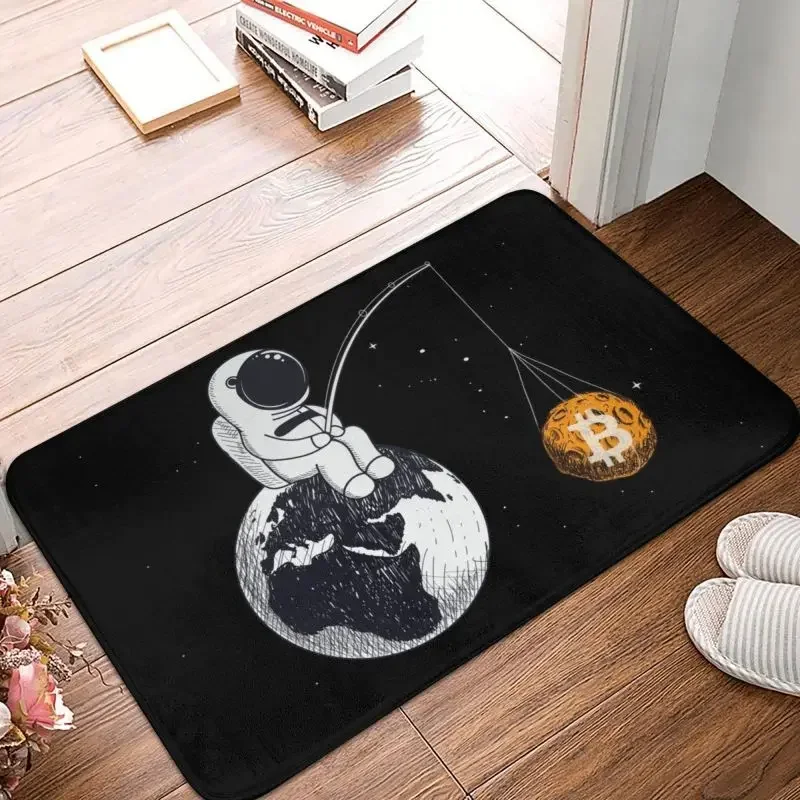 Bitcoin Astronaut Fishing Front Floor Door Entrance Mats Outdoor BTC Hodl Space Cryptocurrency Kitchen Doormat Toilet Carpet Rug