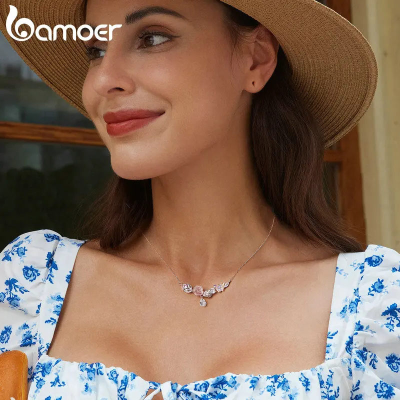 Bamoer 925 Sterling Silver Romantic Flower Necklace Fantasy Butterfly Neck Chain for Women  Valentine\'s Day Fine Jewelry Gift