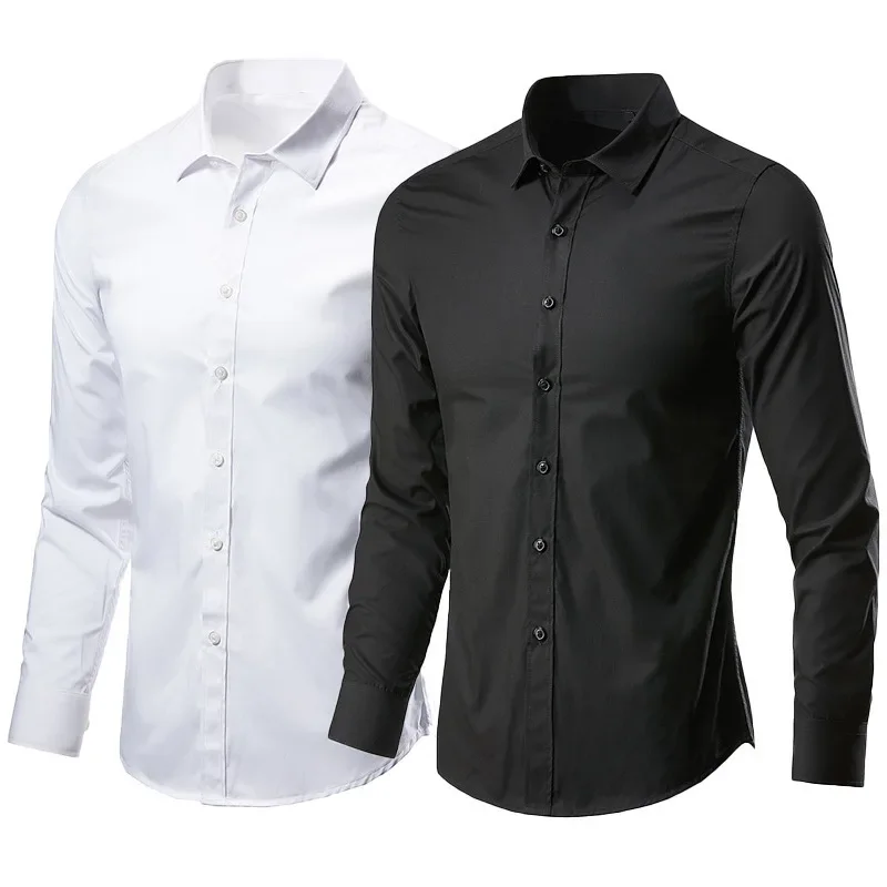 Men's Long Sleeve White Shirt Casual Business Formal Slim Fit Korean Style Professional Work Shirt Wrinkle-Free Ironing