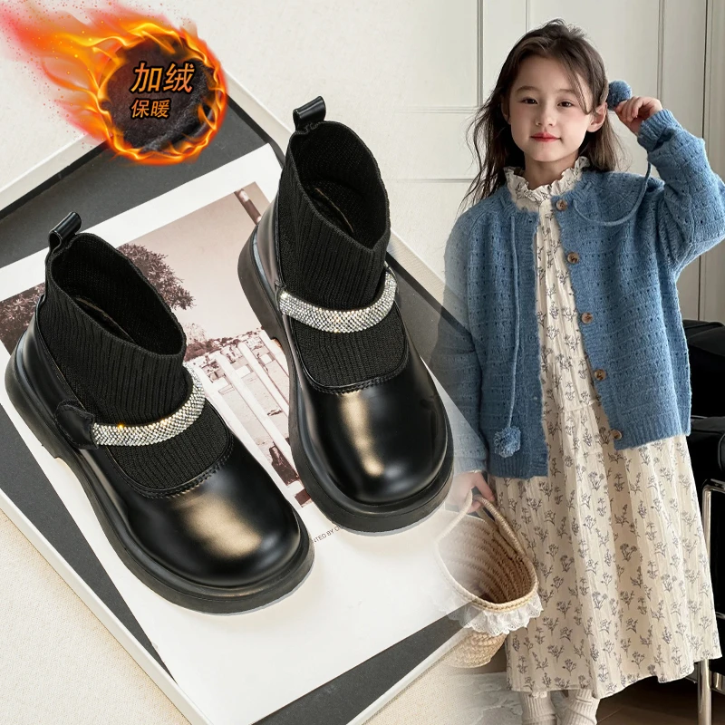 

2025 Autumn Winter New Children Fashion Leather Boots Girls Rhinestone Princess Boots Breathable Kids Sock Shoes Anti-Slippery