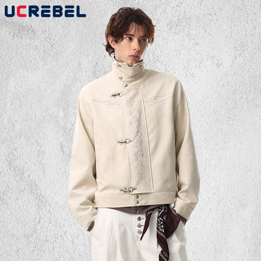 

Мужская замшевая куртка в стиле ретро с вышивкой, однотонная, весенняя, в уличном стиле, с отложным воротником, с длинными рукавами, верхняя одежда