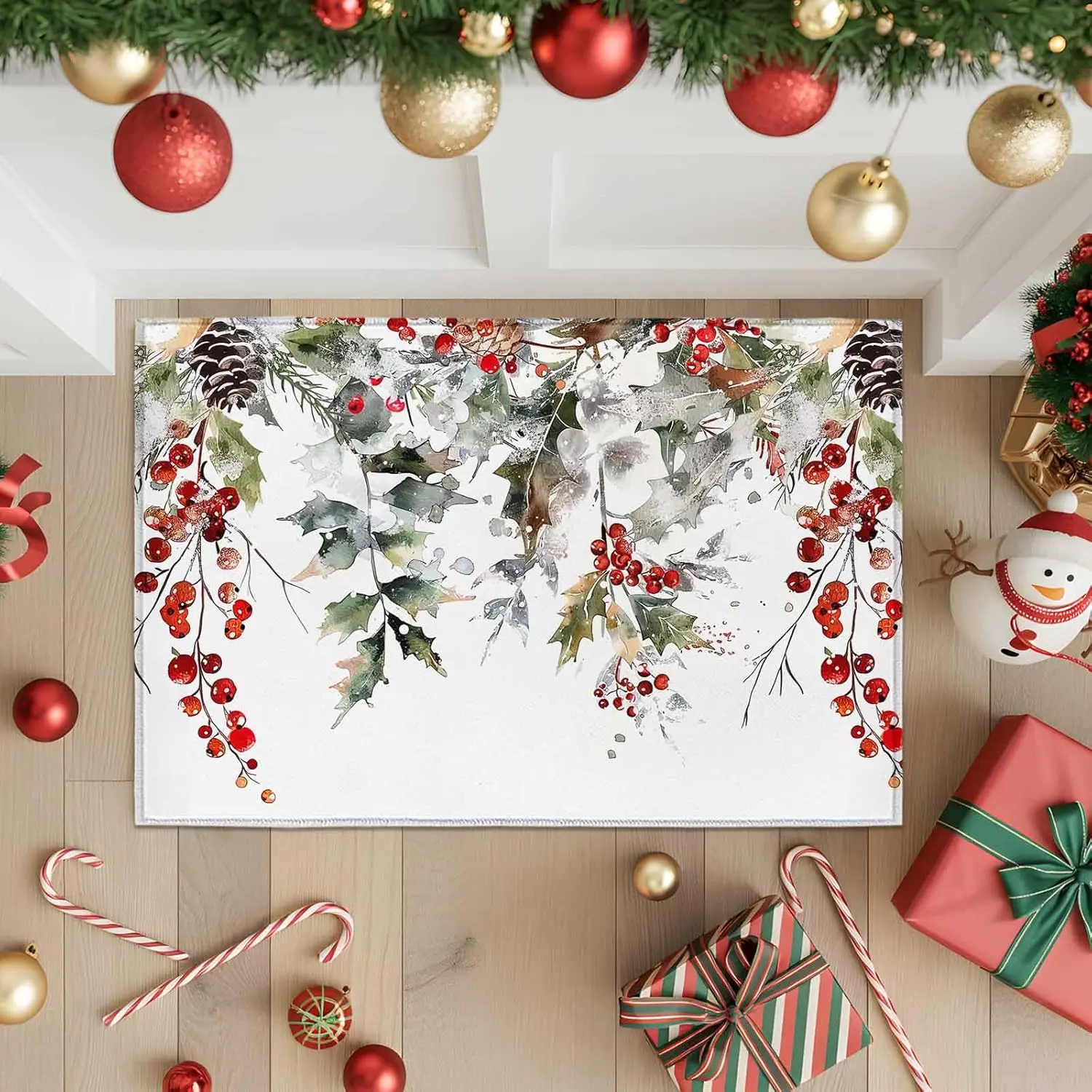 Merry Christmas Pine Cones Holly Red Berry Non-slip Door Mat Entrance Welcome Rug Bedroom Bedside Foot Mat Christmas Decorations