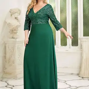 Plus -Size -Kleider von langen sexy Ballausschnitten in VA -Linien -Pailletten mit Ärmeln 3/4 2025 Immer schön dunkelgrünes Kleid der Frau der weiblichen Ehre 6 Hauptverkaufskleid mit Mango - №5