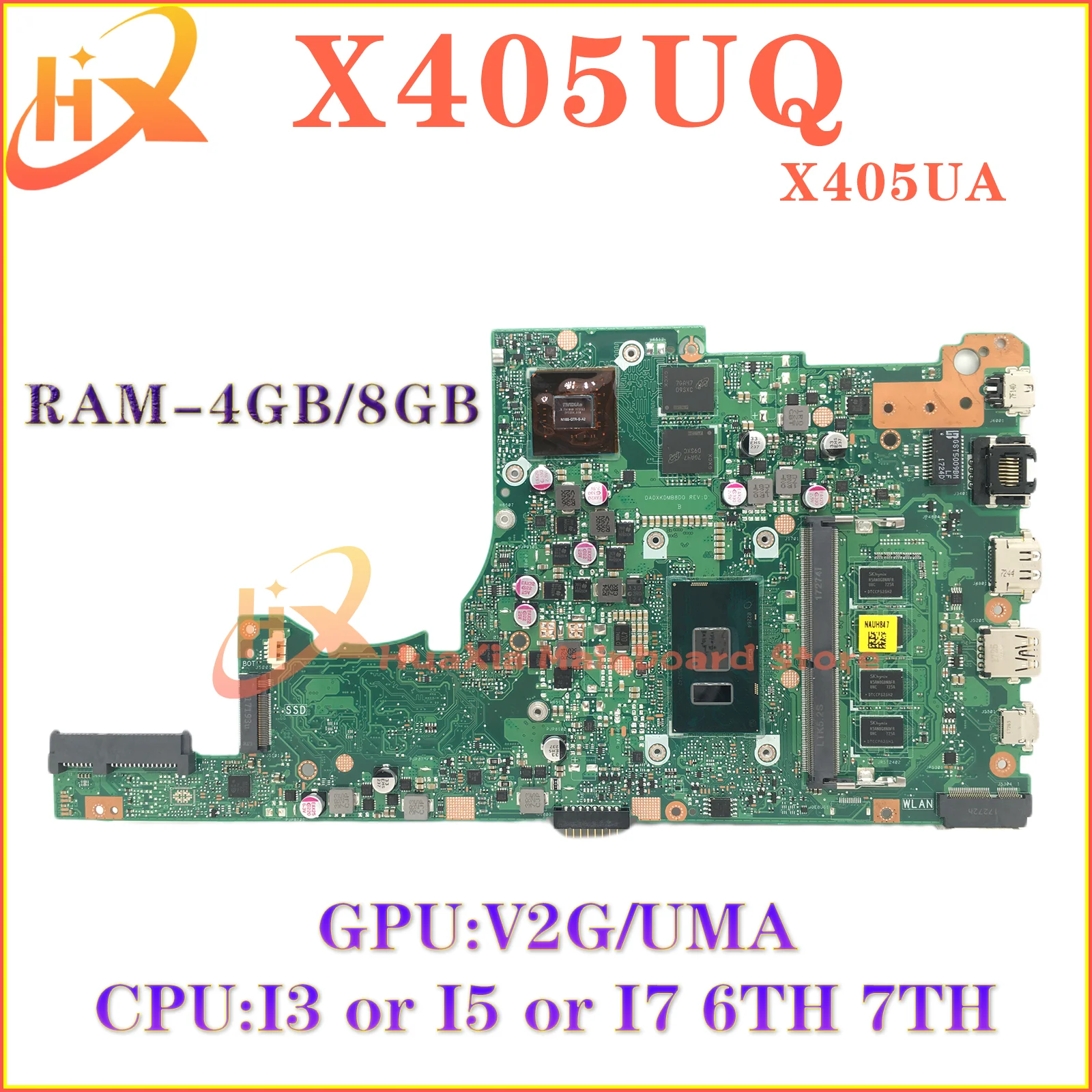 Placa-mãe portátil para ASUS, Mainboard para S4100U, X405UA, X405URP, X405UR, X405UB, A405U, V405U, S405U, K405U, F405U, I3, I5, I7, 4GB, 8GB