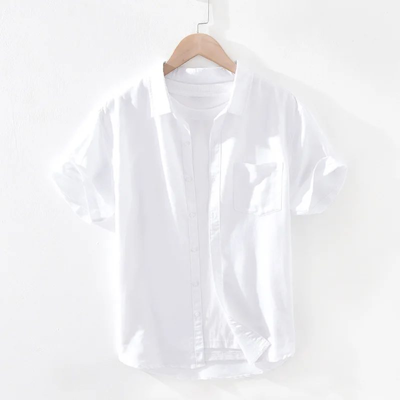 02A Cotton Linen Blended Thin Breathable Casual Shirt Men's Summer New Fashion Short Sleeve Solid Color Simple Basic Daily Tops
