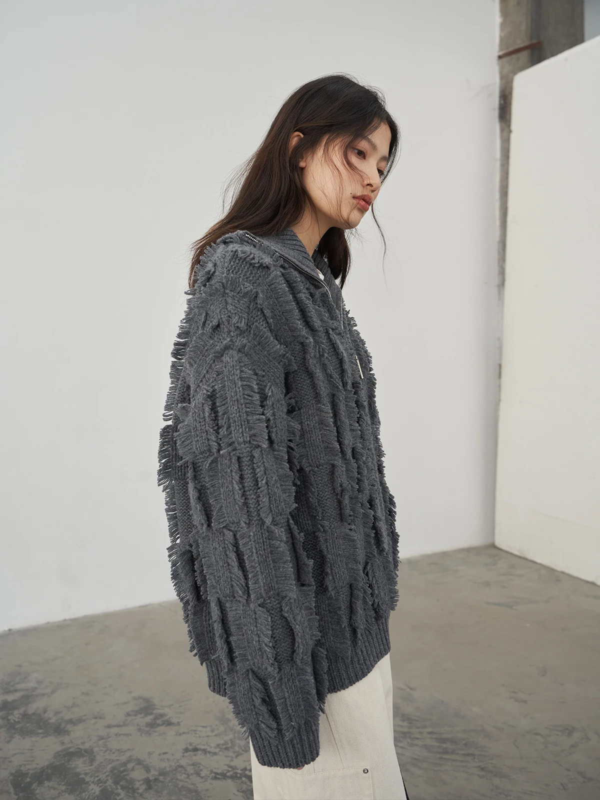 

Blank Label Women's Woolen Knitted Cardigan Coat with Zipper Tassel Wheat Spike Design Thiened Long Sve High Collar Sweater