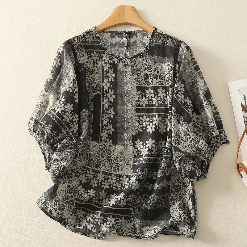 القطن قميص كتان المرأة 2025 صيف جديد جولة الرقبة نصف كم ريترو مطبوعة فضفاضة بلايز عادية بلوزة بوهو