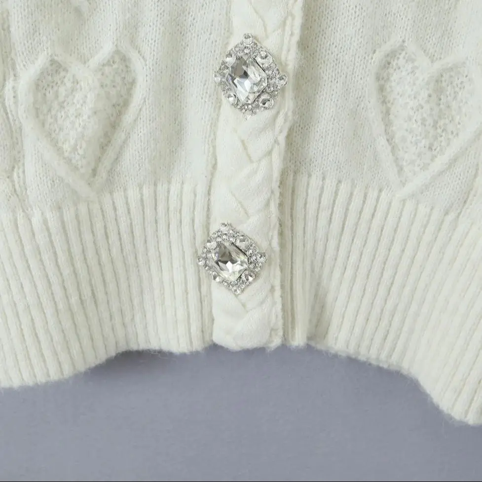 2023 Autumn Diamond Single-breasted Buttons V neck Knitted Long Cardigan Woman Full Sleeve Sweater Knitwear Jumper White Pink