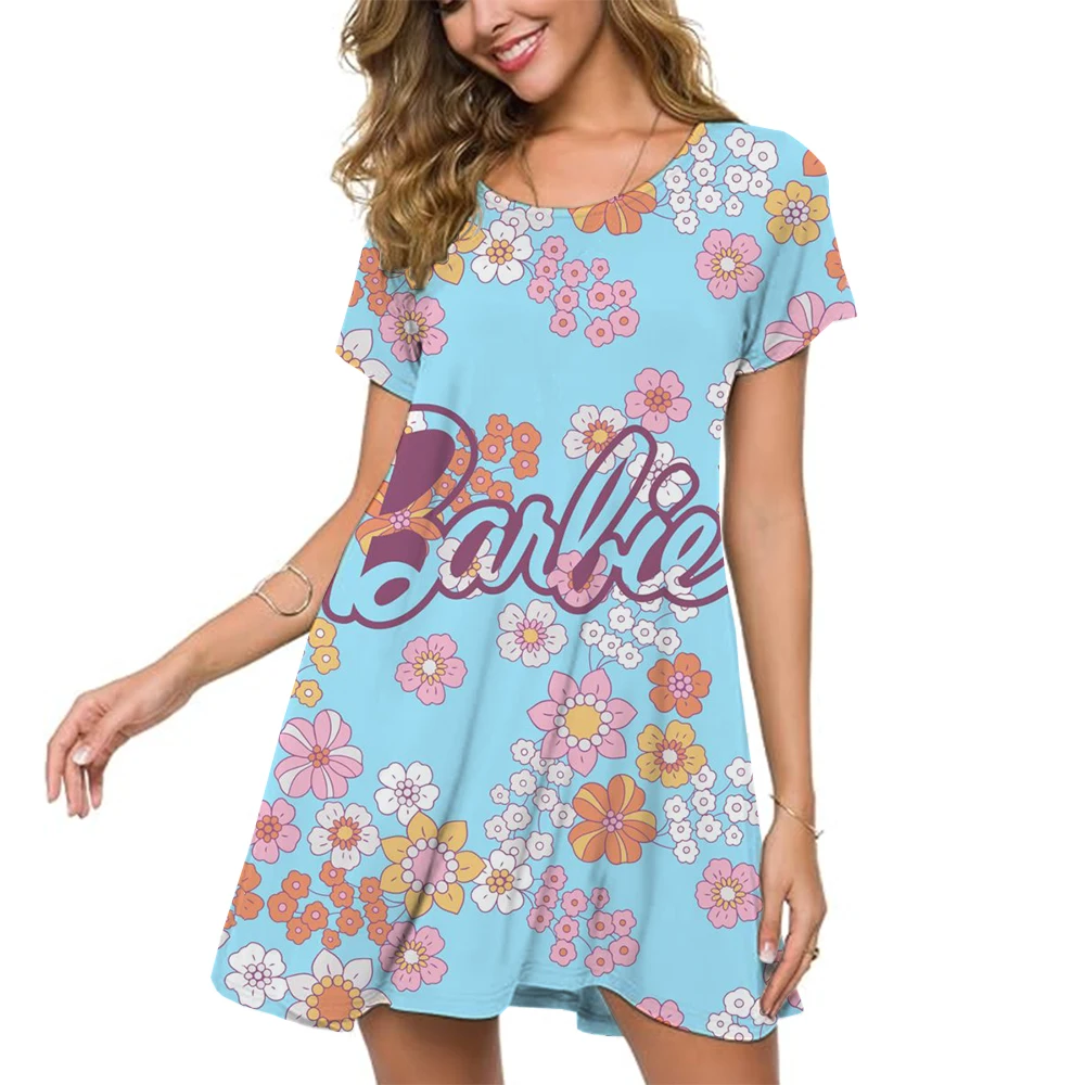 Women flower Dress Barbie Pattern Print Puffy Girl Dress Plus Size Female Summer Short Sleeve O-Neck Casual A-Line Dress Vestido