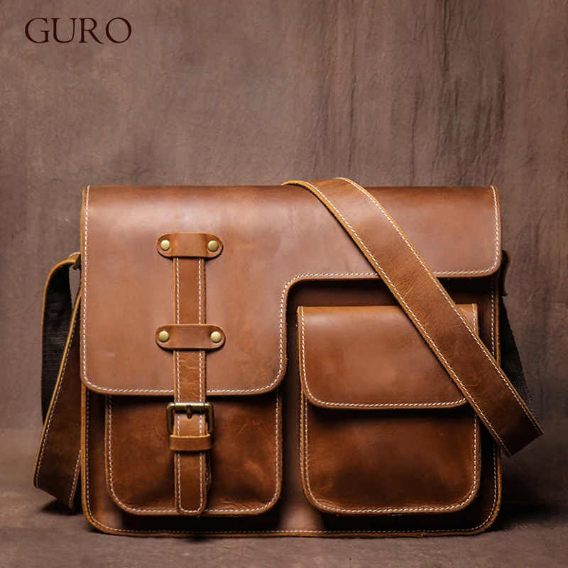 GURO Vintage Deluxe Leather Messenger Bag High Quality Crazy Horse Cowhide Shoulder Sling Bag Weekend Crossbody For 12 Inch Ipad