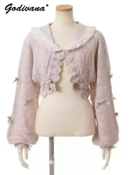 Japanese New Autumn Hand-hooked Sweet Girl Lantern Sleeve Hollow Short Cardigan Sweater Women's Lolita Bow Knitted Coat Jacket