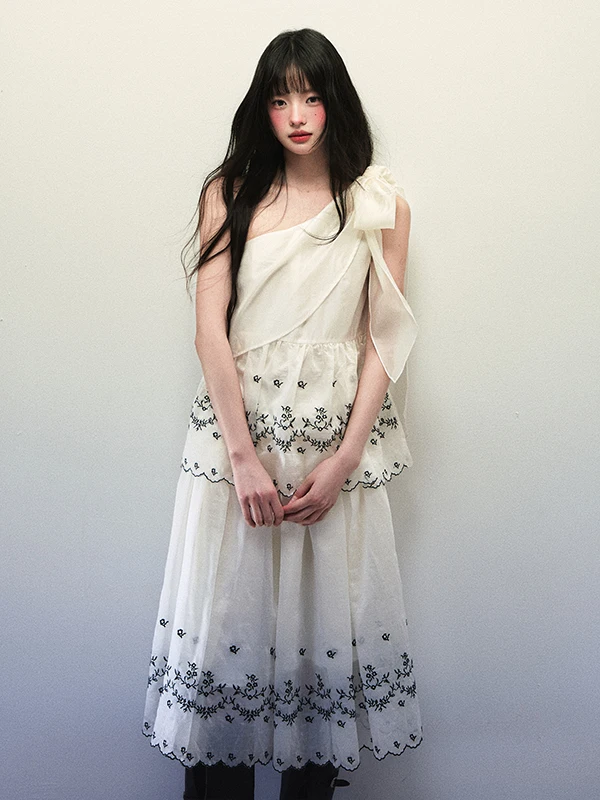 

P STUDIO Women's Loose Fit Embroidered Silk Tank Top with Belt Two-Piece Set Autumn Winter f Skirt Original Design