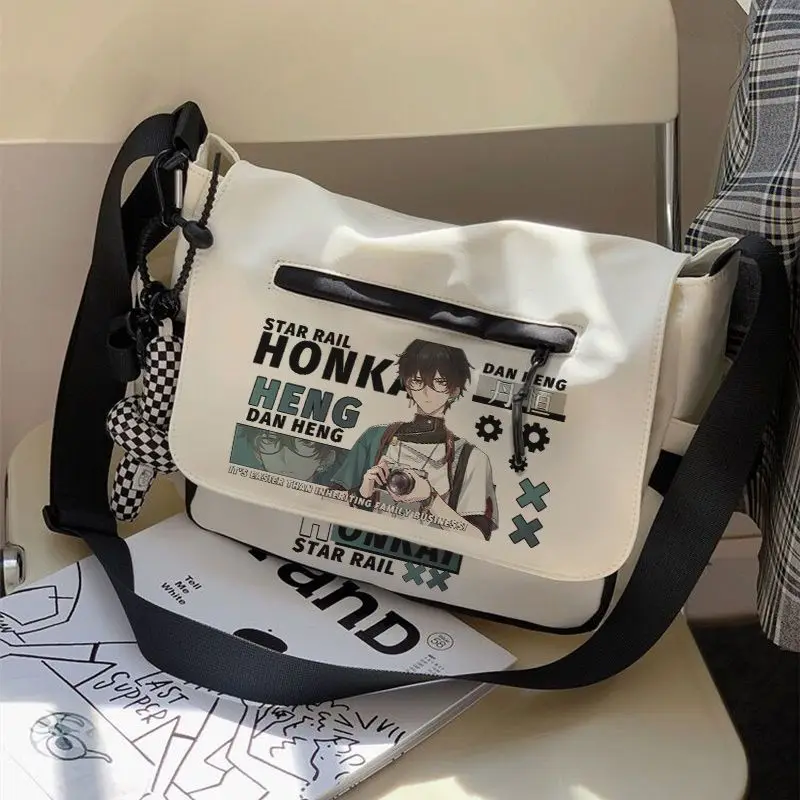 Anime Honkai: gwiazda Rail torba na ramię czarny biały Messenger kreskówka z zamek błyskawiczny z przodu odznakami Crossbody