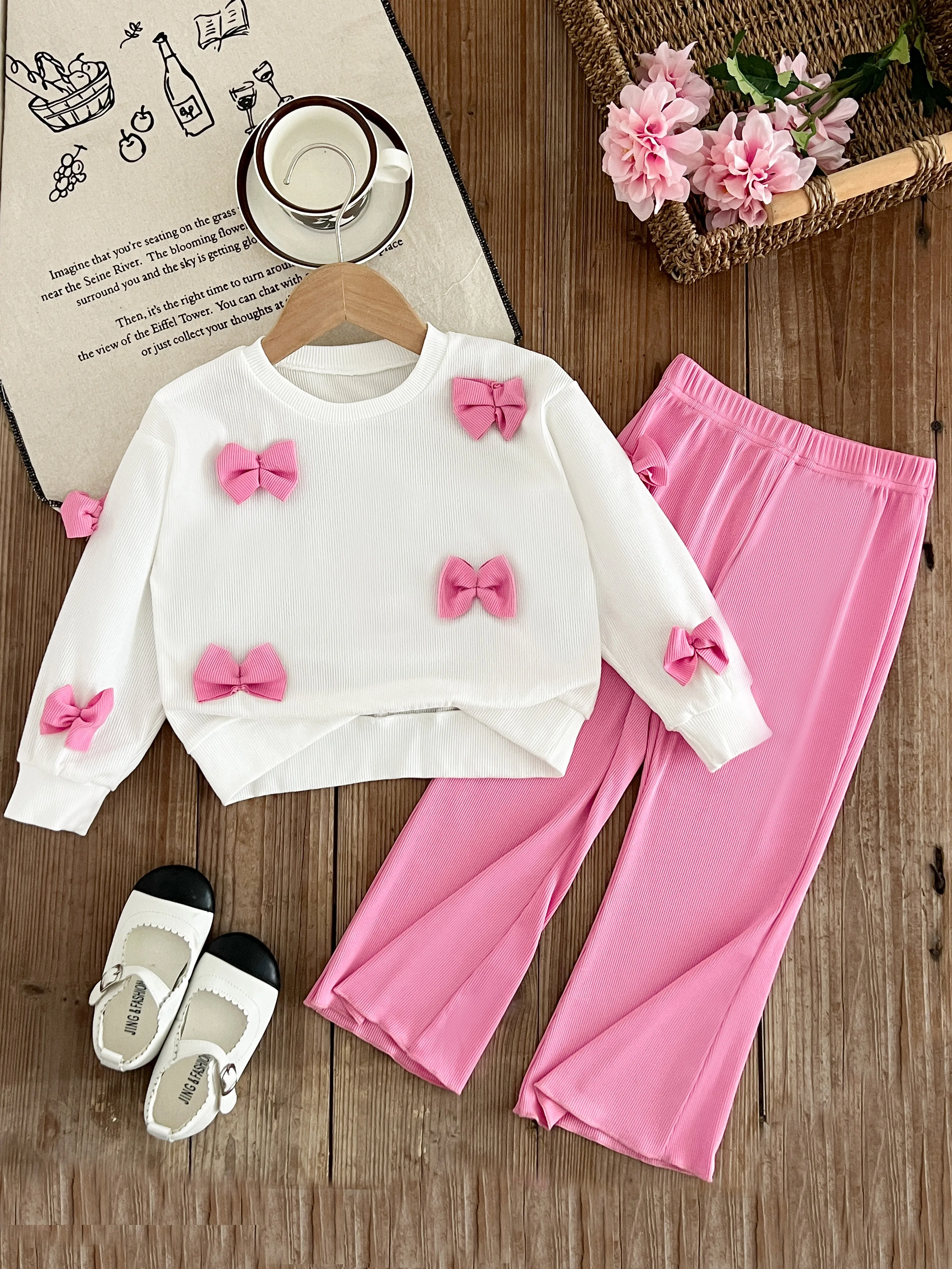 Baby Mädchen Sets Casual Dreidimensionale Schleife Langarm Sweatshirt + Schlaghosen Kinder Anzüge 2PCS