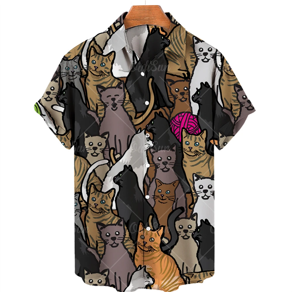 2023 Summer Hawaiian Shirt Men\'s 3d Animal Print Shirt Men\'s and Women\'s Angry Cat Print Short Sleeve Loose-fitting Top 5xl Unis