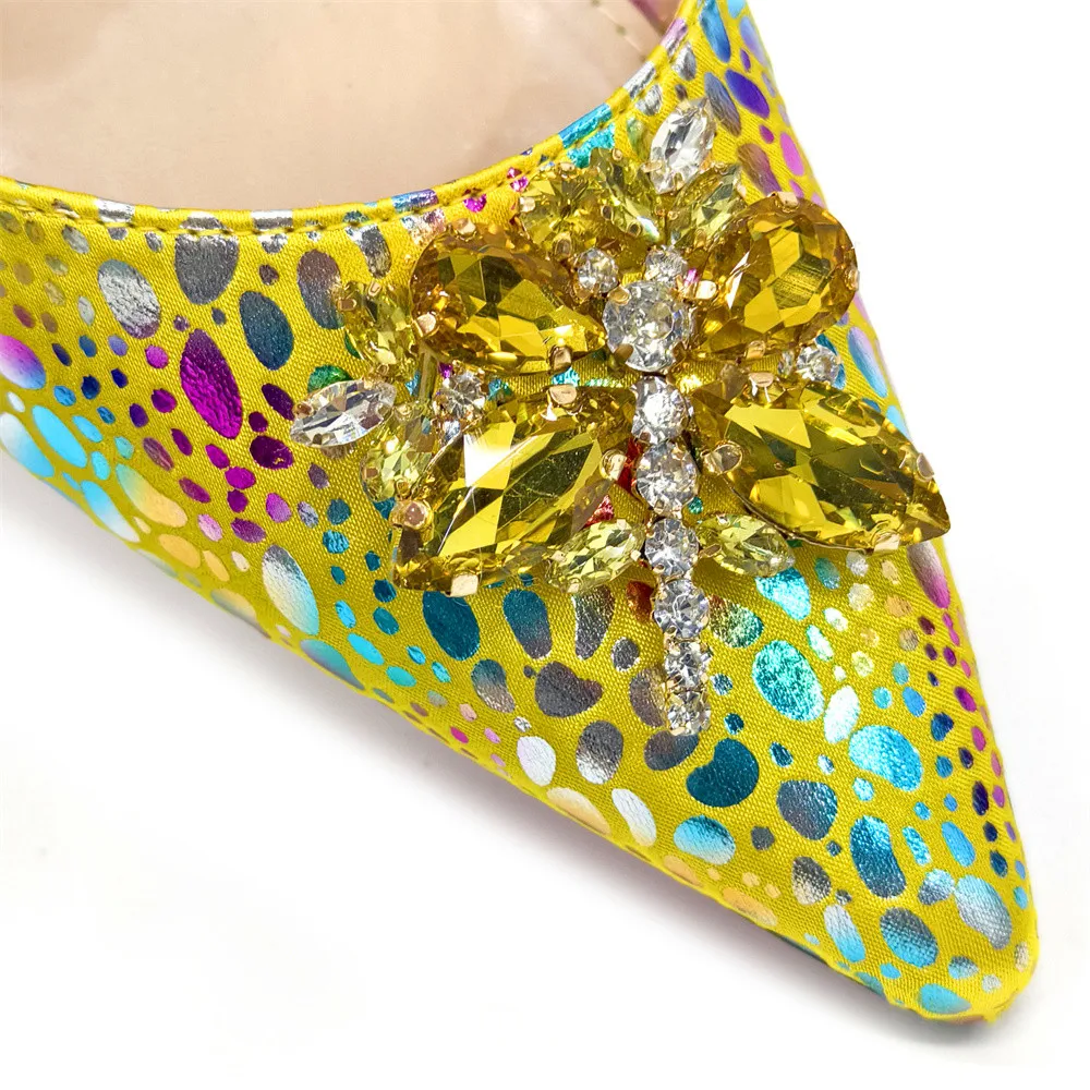 2025 New Yellow Color Thin Heels Pointed Toe Crystal Design Ladies Shoes Matching Bag Set For Women Weeding Party Pump
