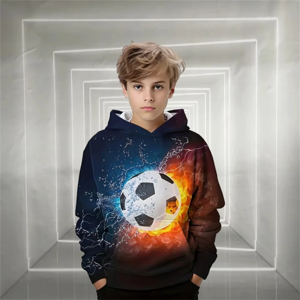 هوديي للأطفال العصري |   رسم ديناميكي لكرة القدم، بلوزة بغطاء للرأس بأكمام طويلة دافئة للطقس البارد (تصاميم متعددة)