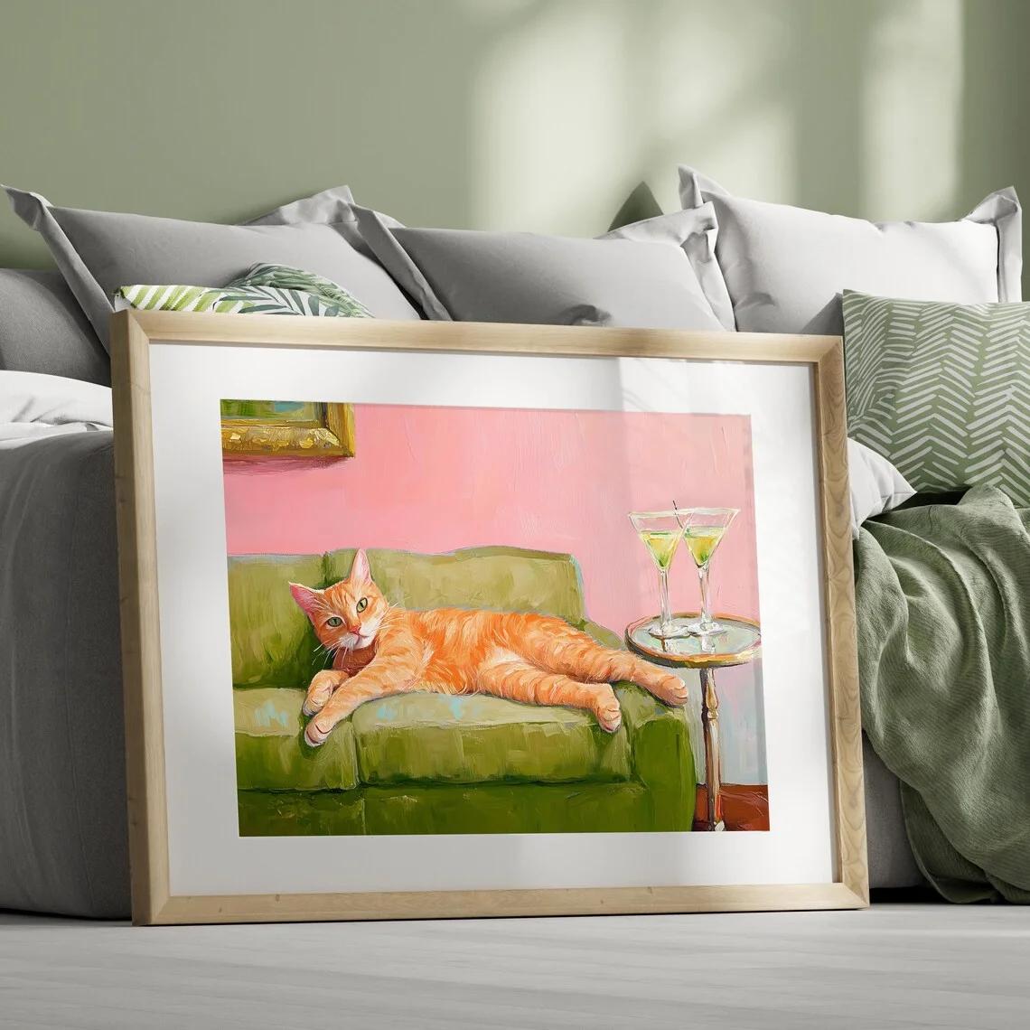 Trendy Orange Cat Couch Art Funny Red Cat Martini Print Quirky Whimsical Poster Cocktail Bar Cart Art Cute Cat Wall Art Vintage