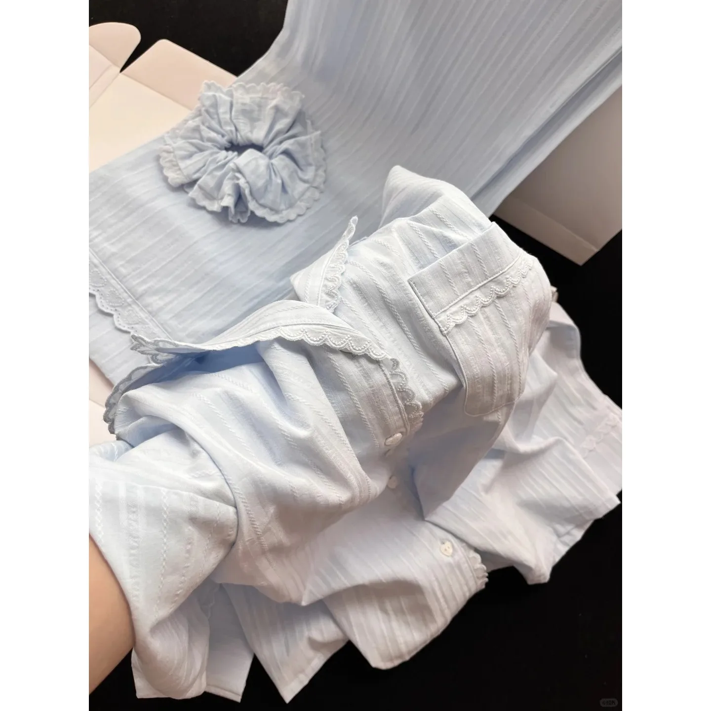 

Cute Girl Nightwear Women's Spring Summer Blue Long-Sleeved Shirt Pants Homewear Fashion Sweet Pajama Set