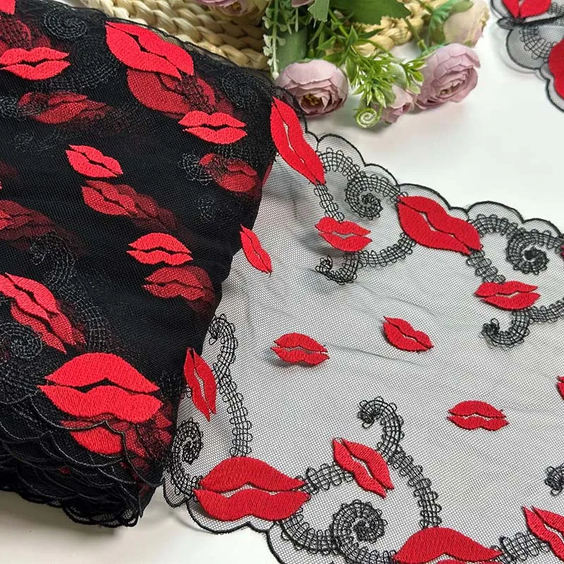 

1 лот/10 м, 21 см, черная сетчатая тюлевая ткань для одежды, домашнего текстиля, аксессуаров, нижнего белья, платьев, кружево с вышивкой в форме красных губ