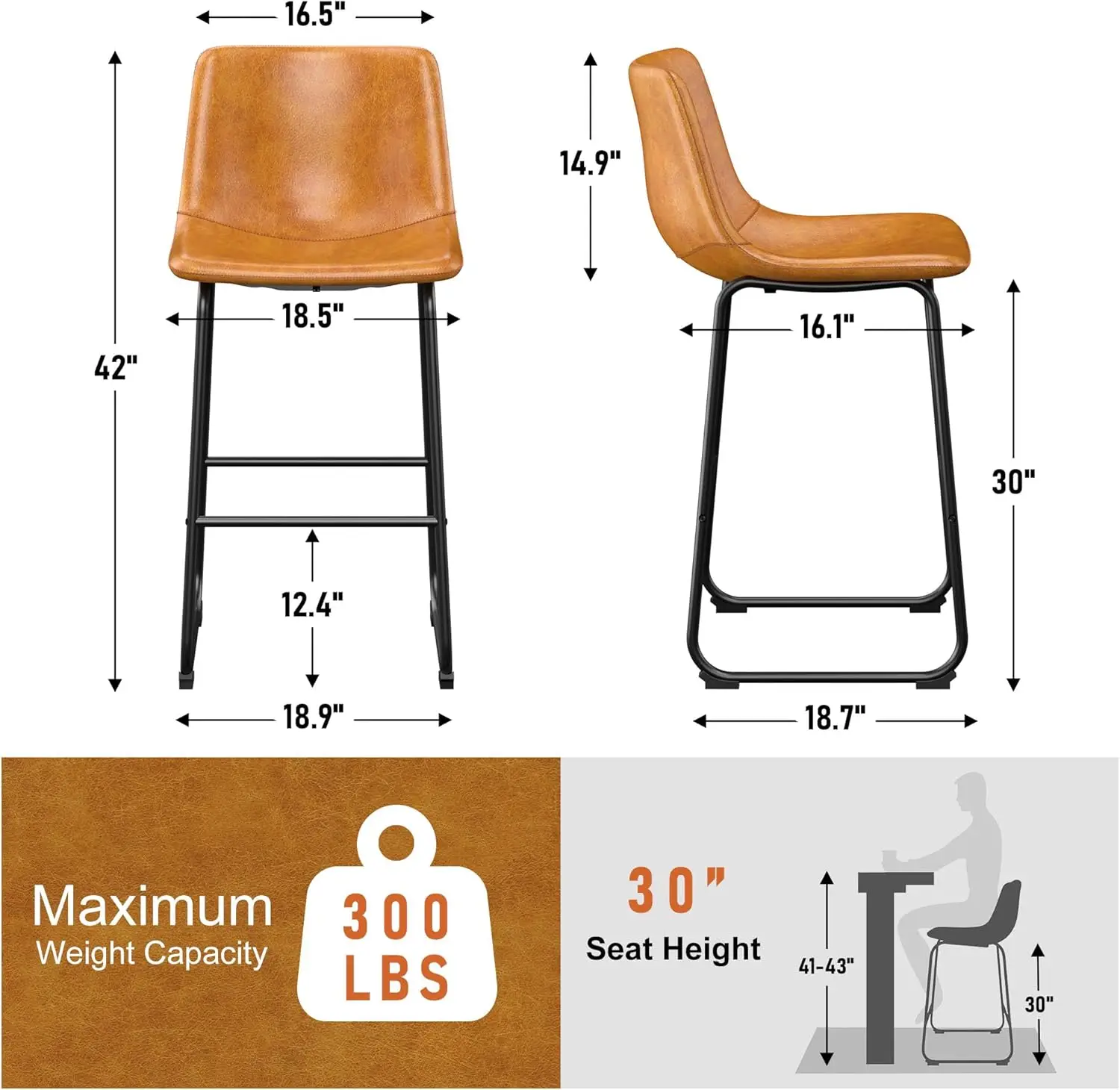 Conjunto de 4 bancos de bar, bancos de bar de couro PU com altura de balcão, bancos de bar modernos de 30" com pernas e apoio para os pés de metal, din urbano sem braços