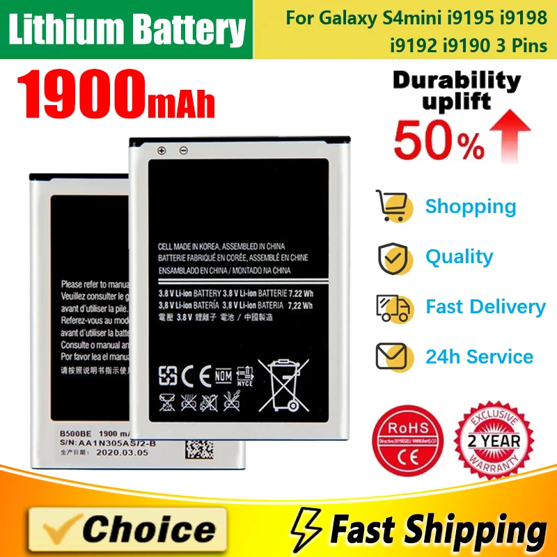 

1900mAh Brand New Replacement Phone Lithium Battery For Samsung GALAXY S4 Mini I9190 I9192 I9195 I9198 S4Mini B500BE B500AE