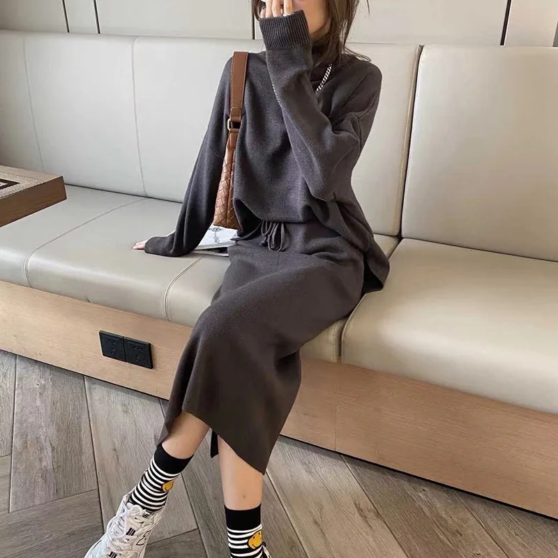 Knitted Skirt Set Women Autumn and Winter Casual Turtleneck Sweater and Skirt Sets Lady Elegant Pullover Suits Two Piece Sets