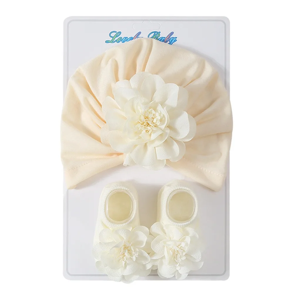 

2Pcs/set Spring Summer Flower Cap Socks Set Cute Floral Elastic Turban Hat Breathable Cotton Short Tube Sock for Newborn Girls