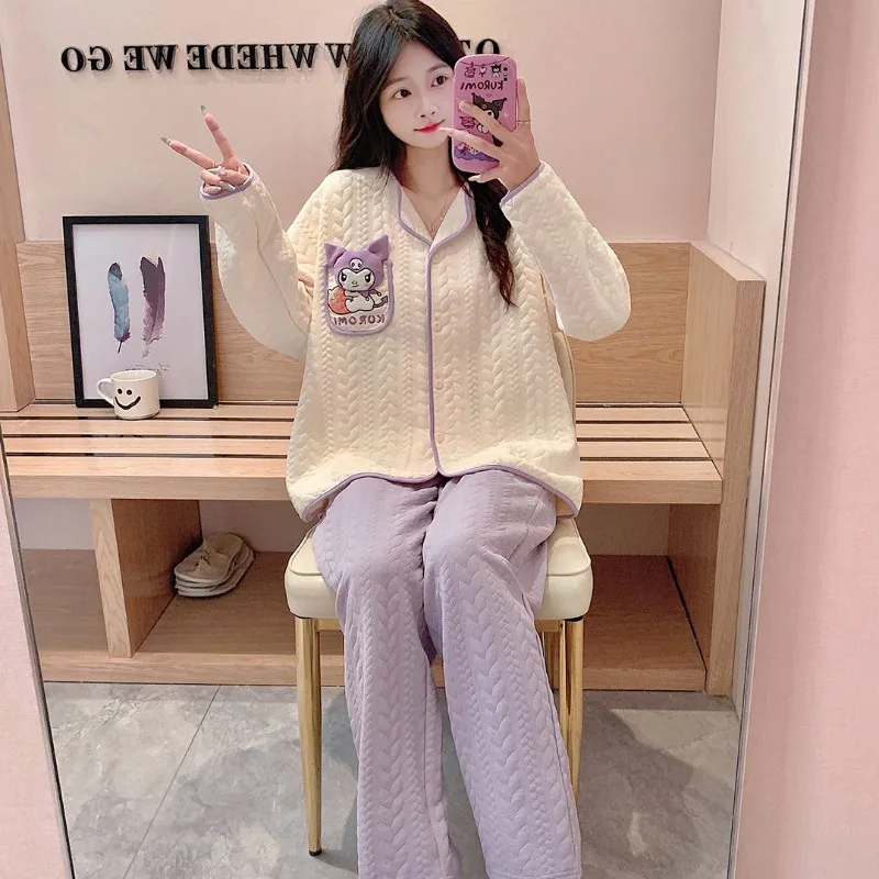 

Cartoon Kuromi Laminated Cotton Pajamas for Girls in Autumn and Winter Sweet and Cute Thickened Spring Autumn Home Clothes Set