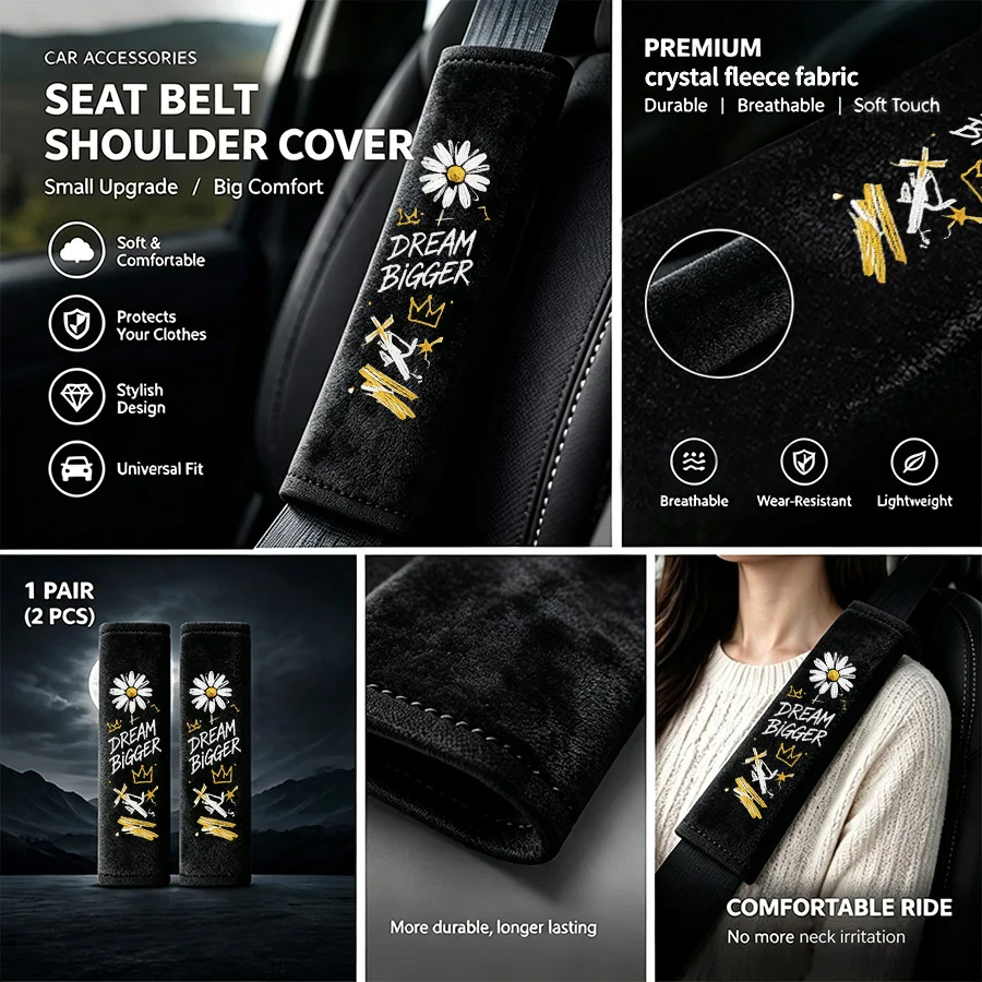 2pcs car seat belt cover, crystal velvet crown daisy pattern shoulder guard, soft and comfortable, car interior accessories