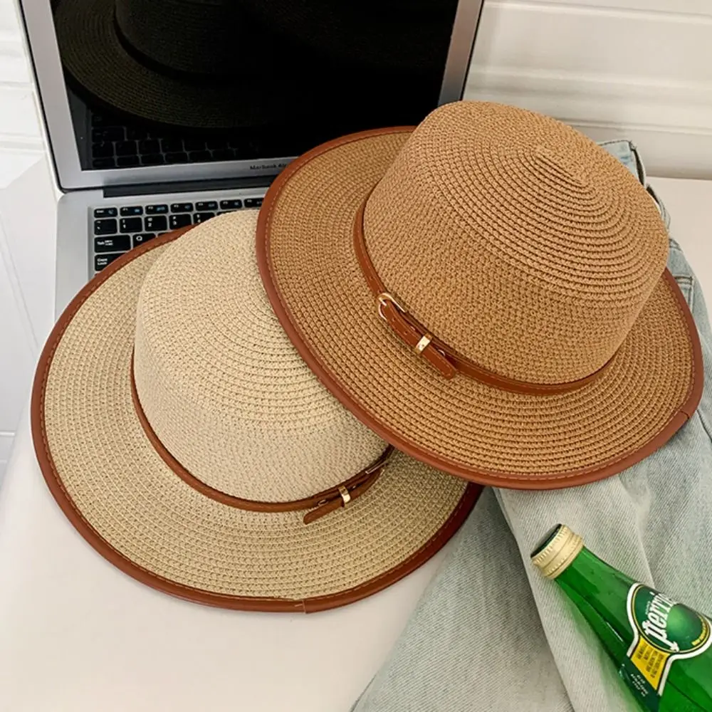 

Простая соломенная тканая шляпа в корейском стиле с плоскими полями и широкими полями, ковбойская кепка с плоским верхом, солнцезащитный крем, вогнутый верх, женская шляпа от солнца для путешествий