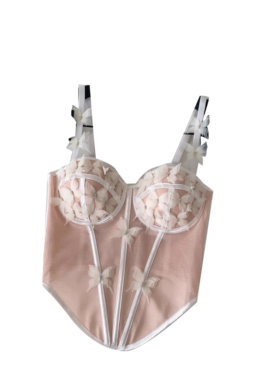 Foamlina Trendy Mesh Fishbone Farfalla Corsetto a fascia Top Donna Vintage Francese Romantico Estetico Ragazza Crop Top Vest Camis