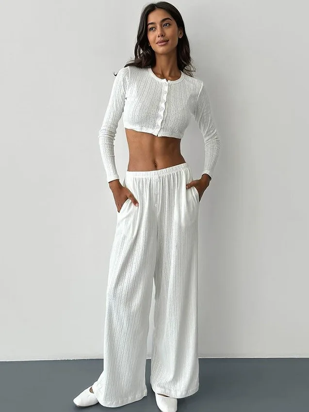 

Женские повседневные трикотажные брюки с полым дизайном, легкая, удобная, всесезонная домашняя одежда, товарная марка без зарегистрированного бренда