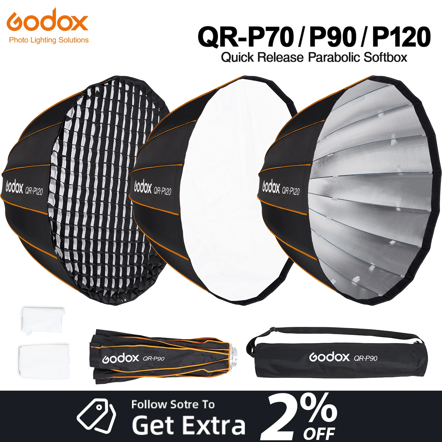 Godox Quickly Release 70/90/120cm Parabolic Deep Softbox With Grid For Godox Aputure Bowens Studio Flash with Honeycomb Grid ﻿