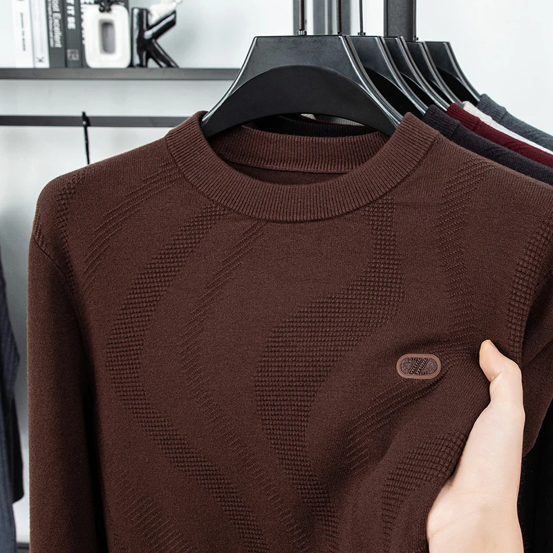 

2025 Round Neck Sweater Men's Autumn and Winter New Solid Color Jacquard Base Sweater Warm Casual Pullover Knitted Sweater