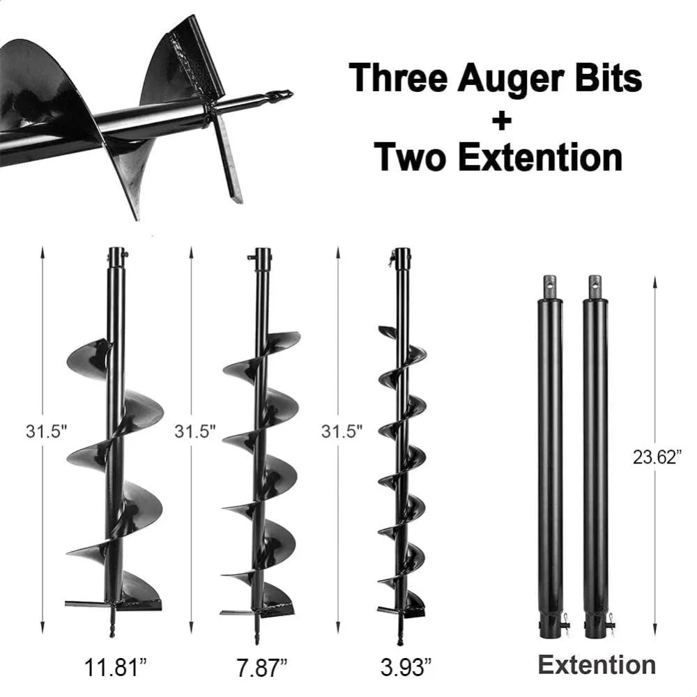 72cc Post Hole Digger 2-Stroke Petrol Gas2 Extension Rods + 3 Auger Drill Bits (4