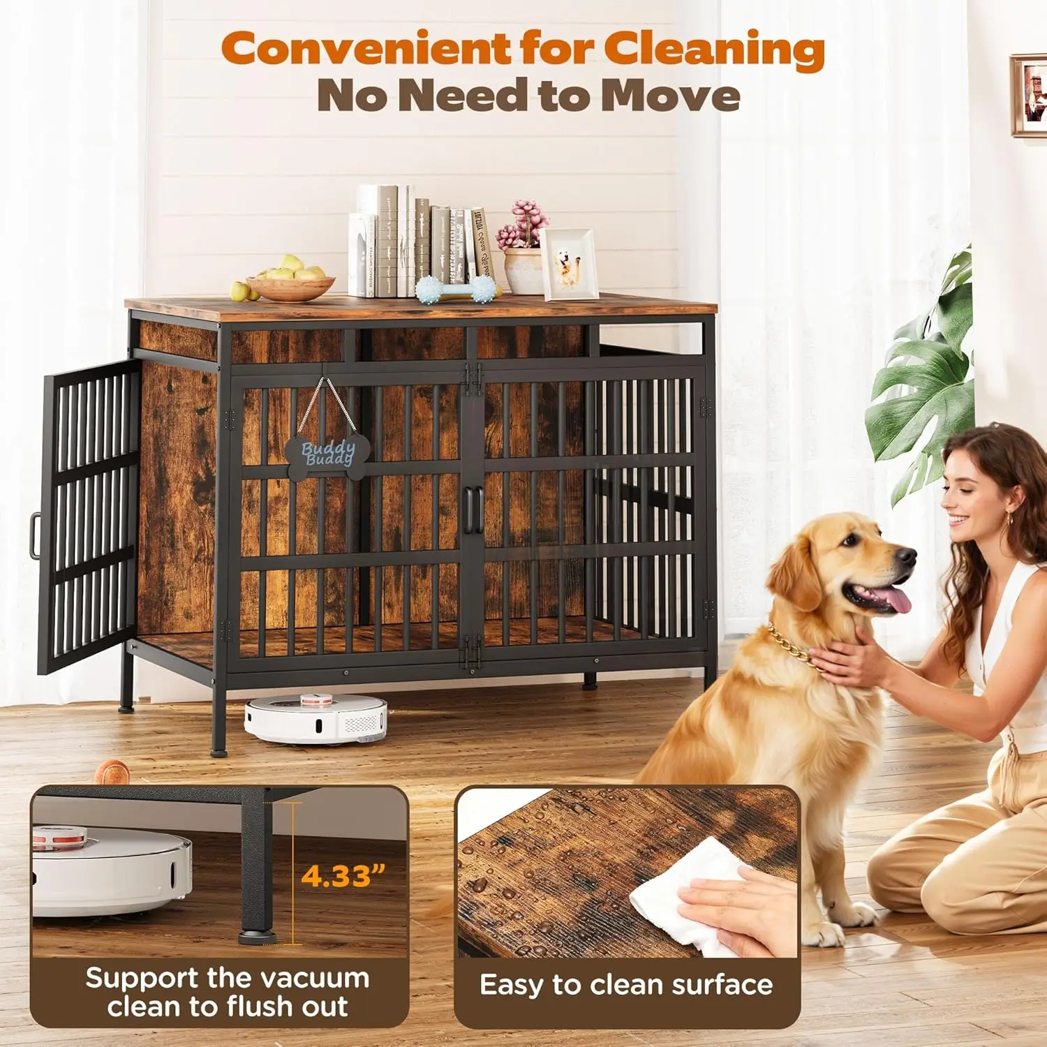 أثاث على شكل صندوق للكلاب مقاس 47 بوصة، بيت للكلاب شديد التحمل للكلاب الصغيرة والمتوسطة والكبيرة، أبواب مزدوجة للديكور الداخلي، قفص بيت الحيوانات الأليفة #3