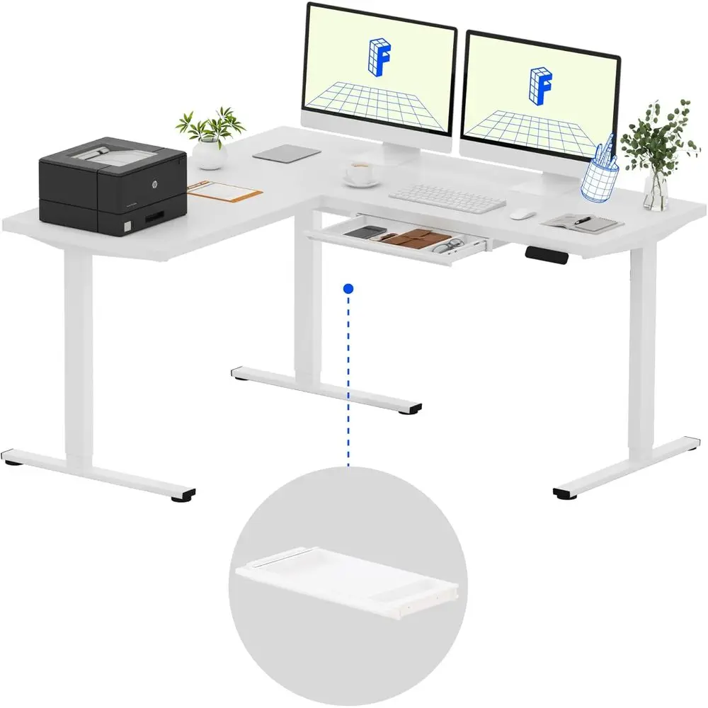 

Electric Height Adjustable L-Shaped Desk, 63 x 55 Sit-Stand Workstation, White Top, Home Office Use