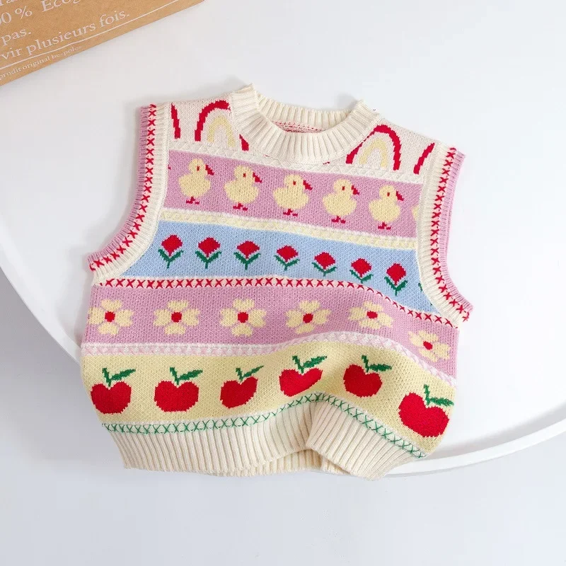 

Children Sweater Girls Knitting Vest Autumn Season New Vest Camisole Round Collar Striped Sweet Pattern Sleeveless