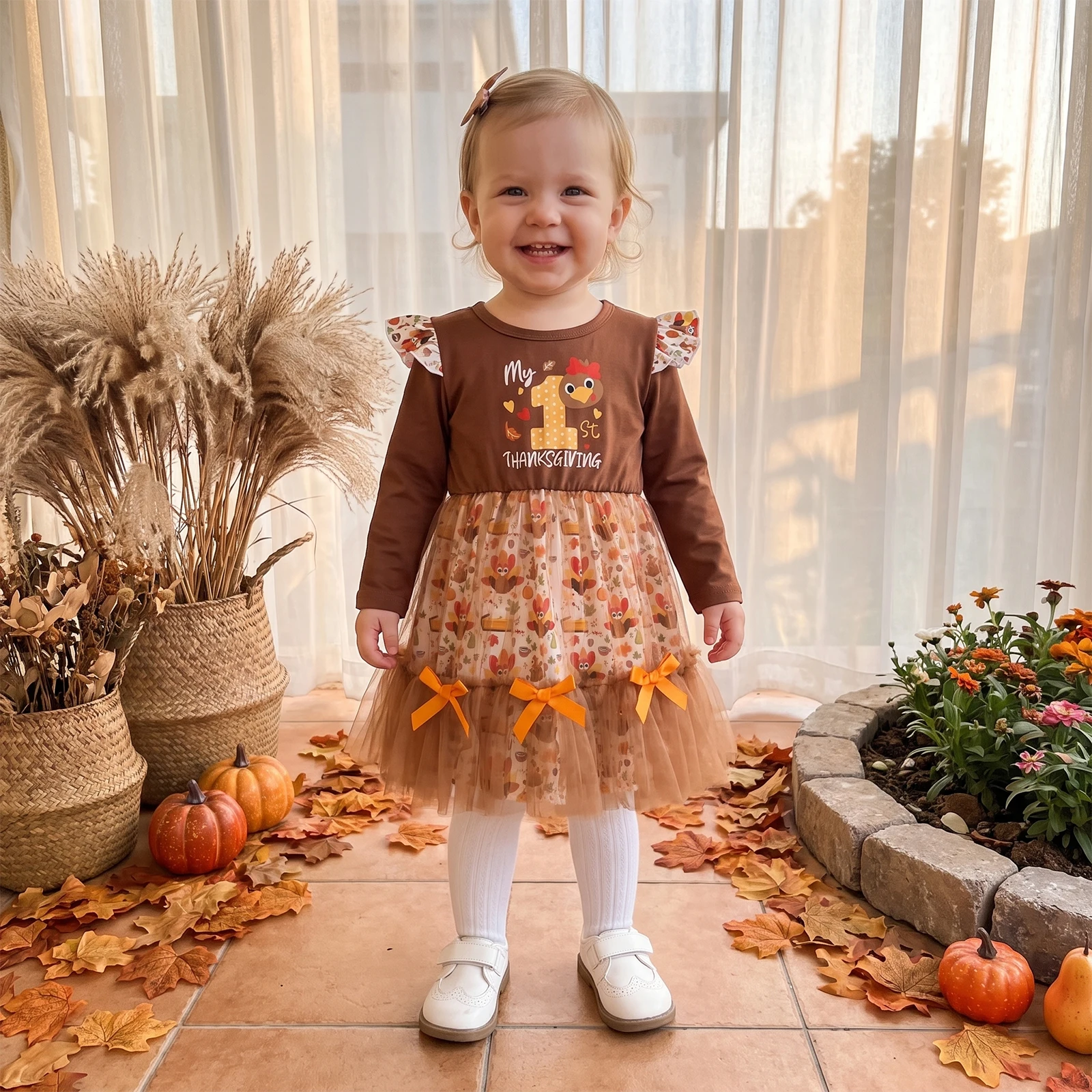 Thanksgiving Girl Dress Long Sleeve Crew Neck Turkey Print Fall Tulle Dress