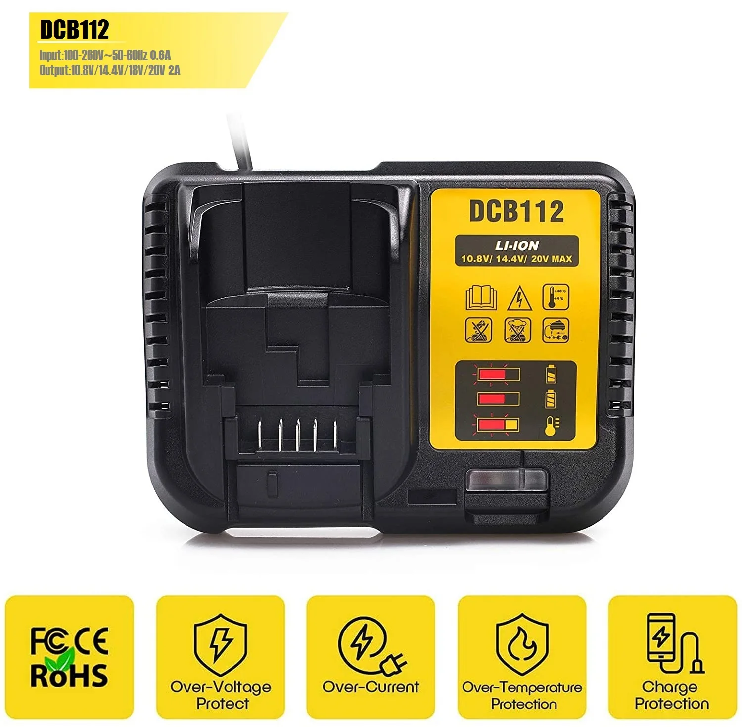 

2A DCB112 Replace Battery Charger For Dewalt Li-Ion Battery 10.8V 12V 14.4V 18V 20V DCB200 DCB101 DCB115 DCB107 DCB105 DCB140