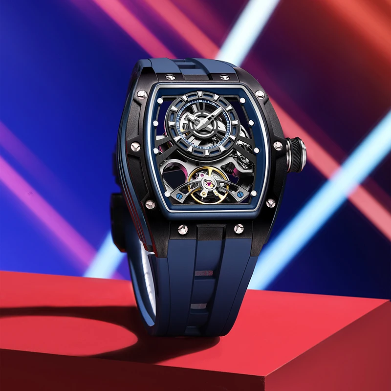 Automatic Men's Sport Watch Mechanical Wristwatch 3Bar Luminous Dial Durable Silicone Strap Tonneau Reloj Hombre OEM 91986