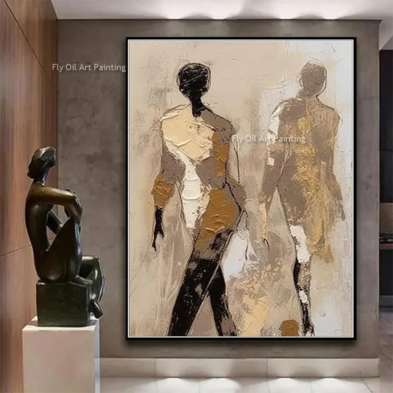 Abstract Black And Grey People Shadows Oil Painting On Canvas New Simplism Design Hand Drawn Beige Brown Women Walking Wall Art