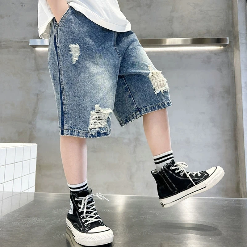 2026 Boys Summer Straight Jeans Kids Fashion Cool Ripped Denim Shorts Casual Loose Five-Point Sweatpants 5-14 Years