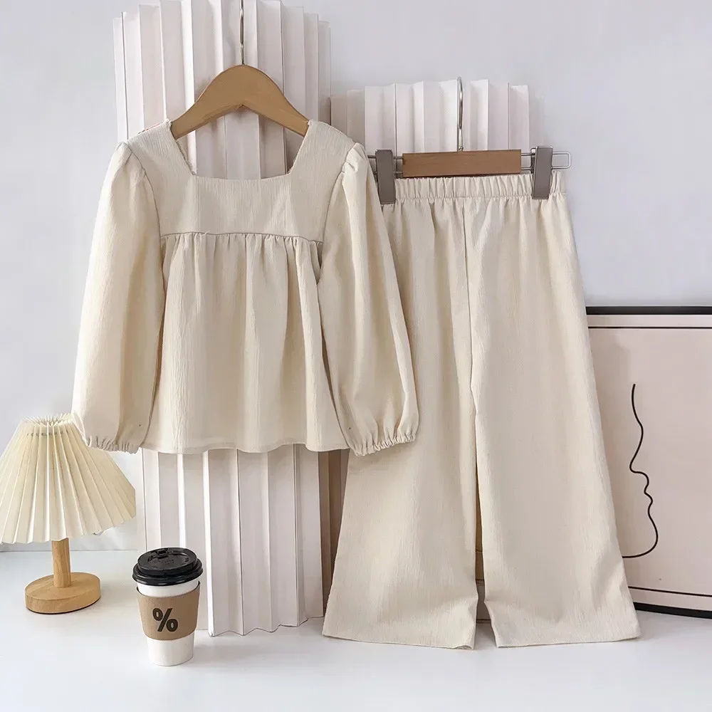 Bear Leader 2024 Autumn New Ethnic Style Girls' Set Beige Bubble Sleeves Sunflower Embroidered Top+Pants Two Piece Retro Set