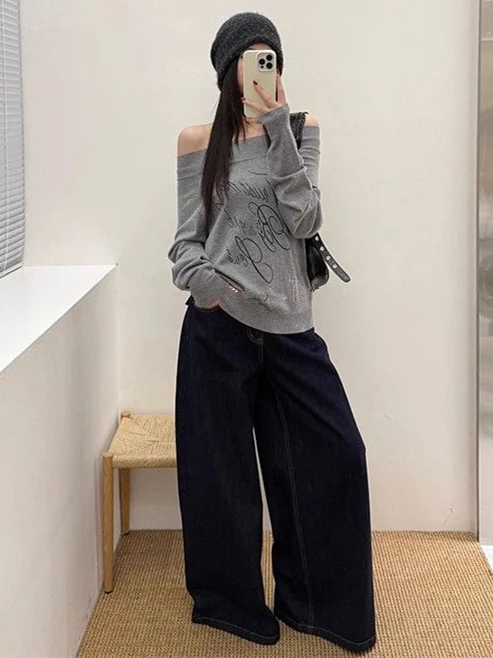 

Sweet And Spicy ey Asymmetrical oulder Letter Print Long Sve Knitted Top Women Early Autumn Pure Desire Slim Fit Hot G...