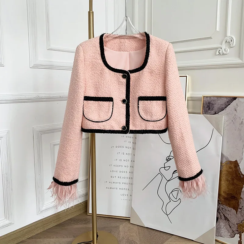 French Small Fragrant Wind Coarse Tweed Short Suit Coat Women\'s Autumn New Chic Feather Tassel Long Sleeve Square Neck Pink Coat