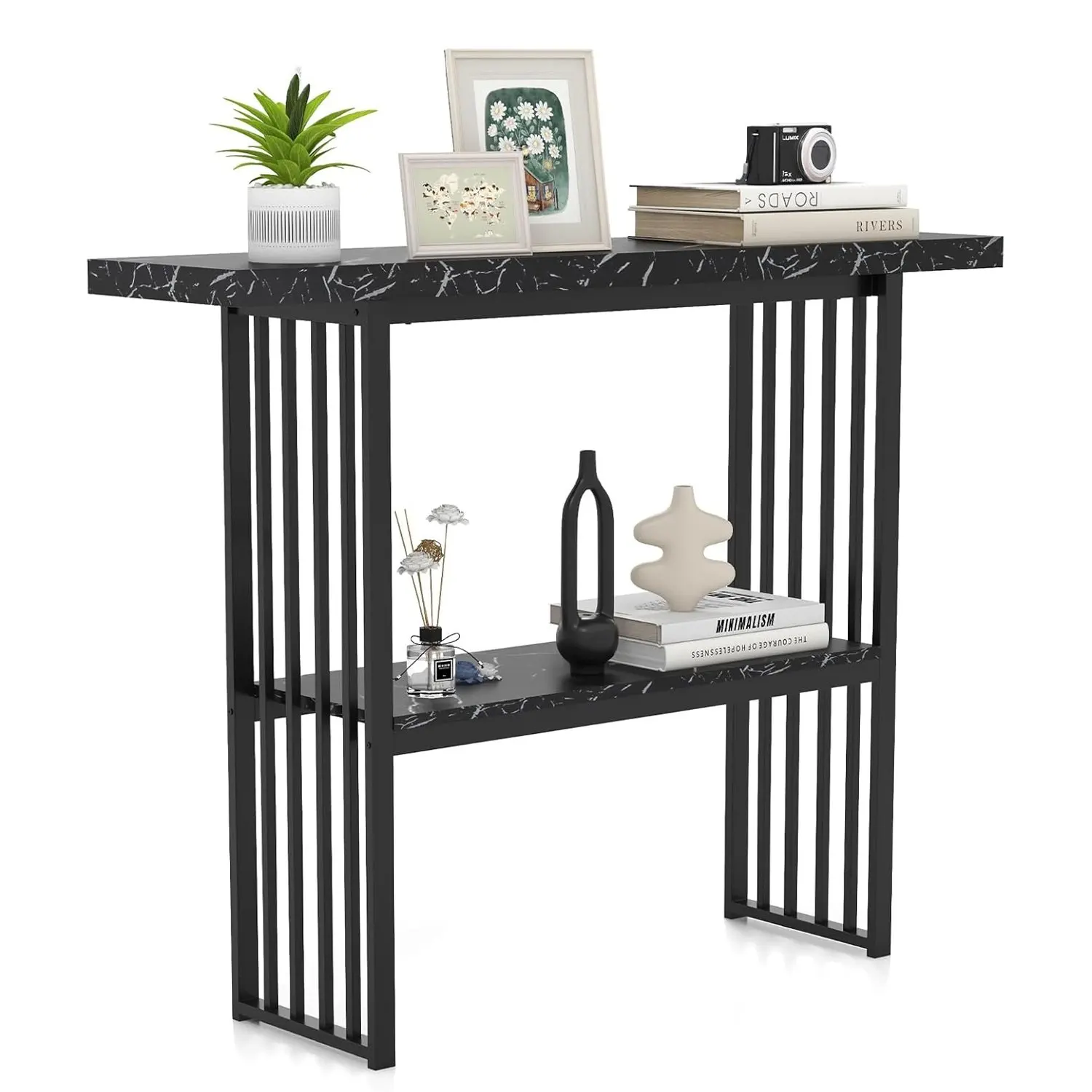 Mesa consola de 2 niveles Mesa auxiliar estrecha Mesa de pasillo con aspecto de mármol con estructura de metal Ideal para pasillo y sala de estar moderna