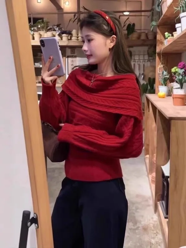 

Новинка! Женский вязаный свитер Cisas на одно плечо, свободного кроя, красный, с длинным рукавом, повседневный, комфортный, модный 2025 года.