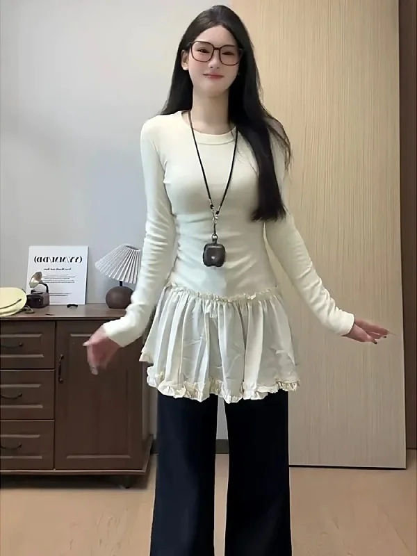 

Женская футболка с кружевным подолом и длинным рукавом, осенне-зимняя, базовая, средней длины, для многослойных образов, в корейском стиле, для повседневной носки, приталенная